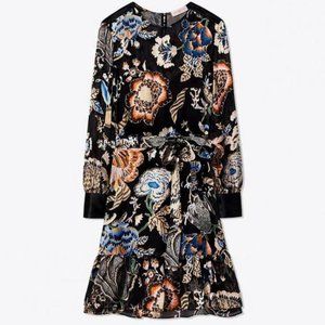 Tory Burch Black Floral Long-Sleeve Belted Dress